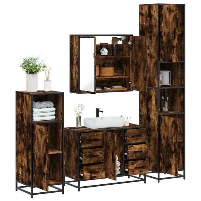 VidaXL Ensemble meubles salle de bain 4 pcs chêne fumé bois ingénierie, armoire de salle de bain, armoire de rangement de 3301202
