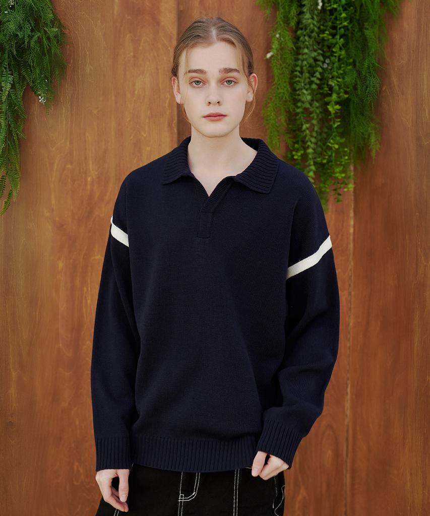 BLOND9 Varsity Open Collar Knit_Navy