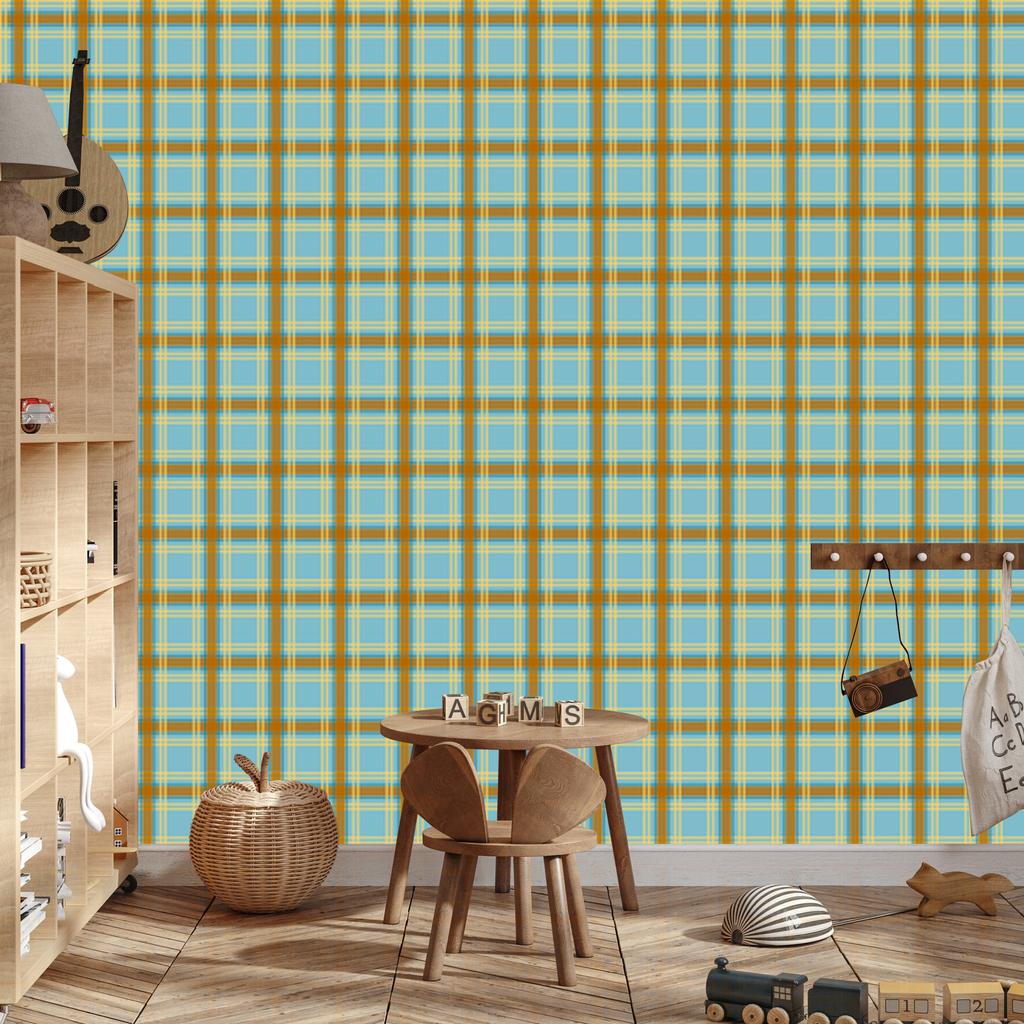 Yellow and blue checkered wallpaper, gold, turquoise and green, 50x1000