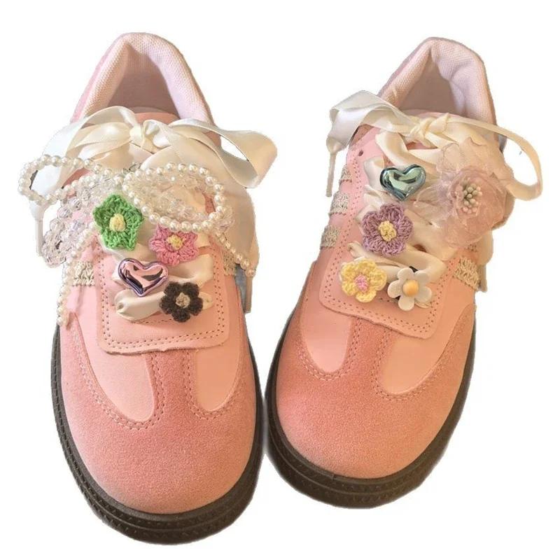 New Pearl Crystal Bow Charms for Sneakers - DIY Hand Woven Flower Shoe Laces with Colorful Love Buckle Decorations for Girls
