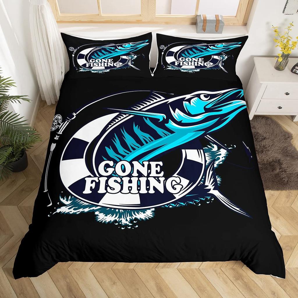 Turquoise Bass Fish King Queen Bedding Set Sea Animal Duvet Cover Hunting Theme Woodland Jungle Scene Polyester Comforter Cover