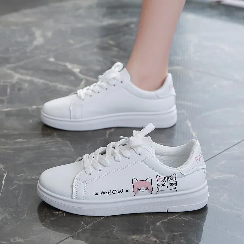 Cat Pattern Breathable Women's Casual Shoes Spring Summer New Style Korean Flat Platform Sneakers Student Sports Shoes