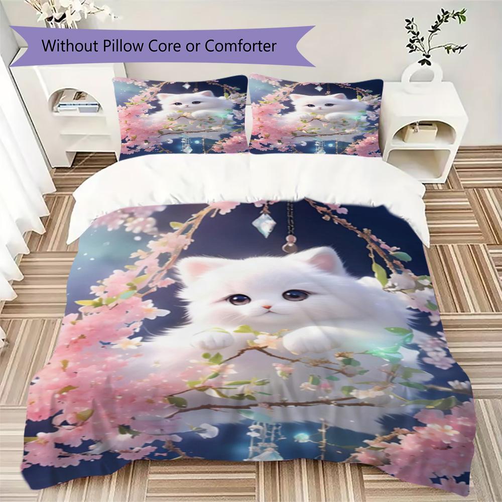 Whimsical cat & florals Pattern Bedding,Quilt Set Quilt Cover Pillowcase Home Birthday Gift (1*duvet cover+2*pillowcase,without core)ZSJT0917425