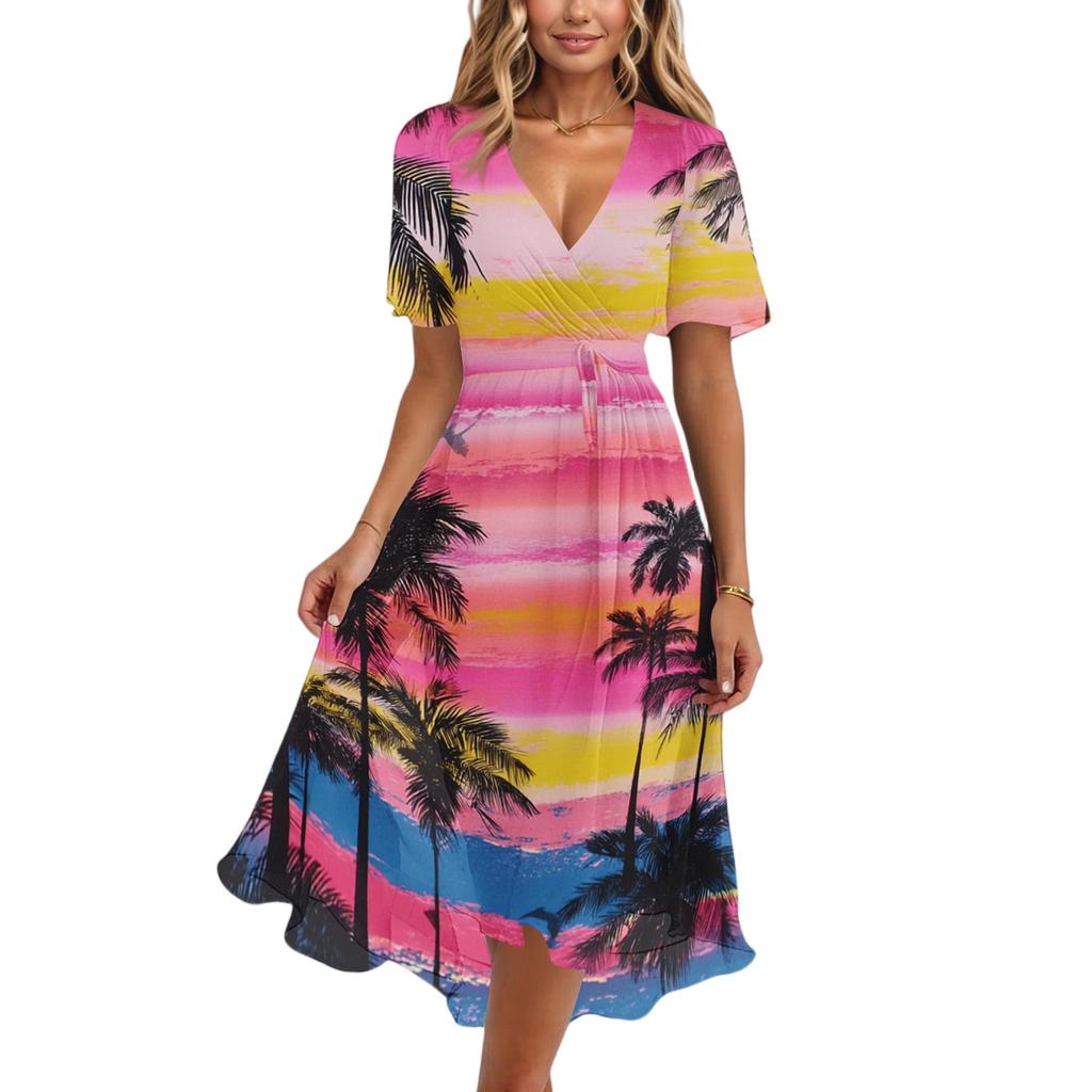 Women's Fashion Casual V Neck Short Sleeve Ruffled Vintage Printed Dresses