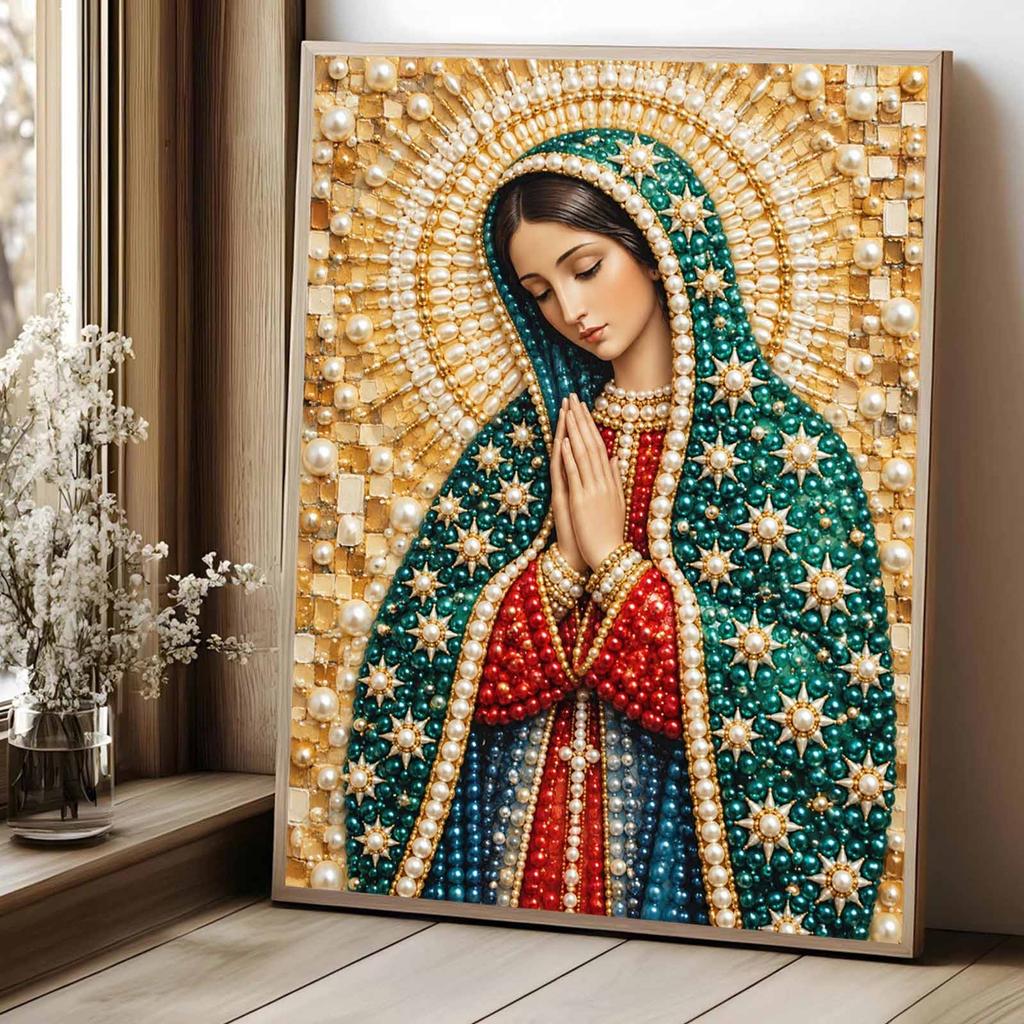 Virgin Mary Pearl Bead Painting with Frame Shiny Canvas Art Creative Handmade Craft Desk Decor Gift for Religious Art Collectors
