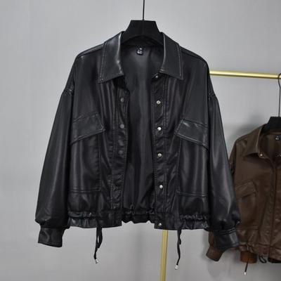 Waisted Black Leather Jacket for Women Autumn and Winter New Korean Style Loose Trendy Workwear Style PU Leather Jacket for Women