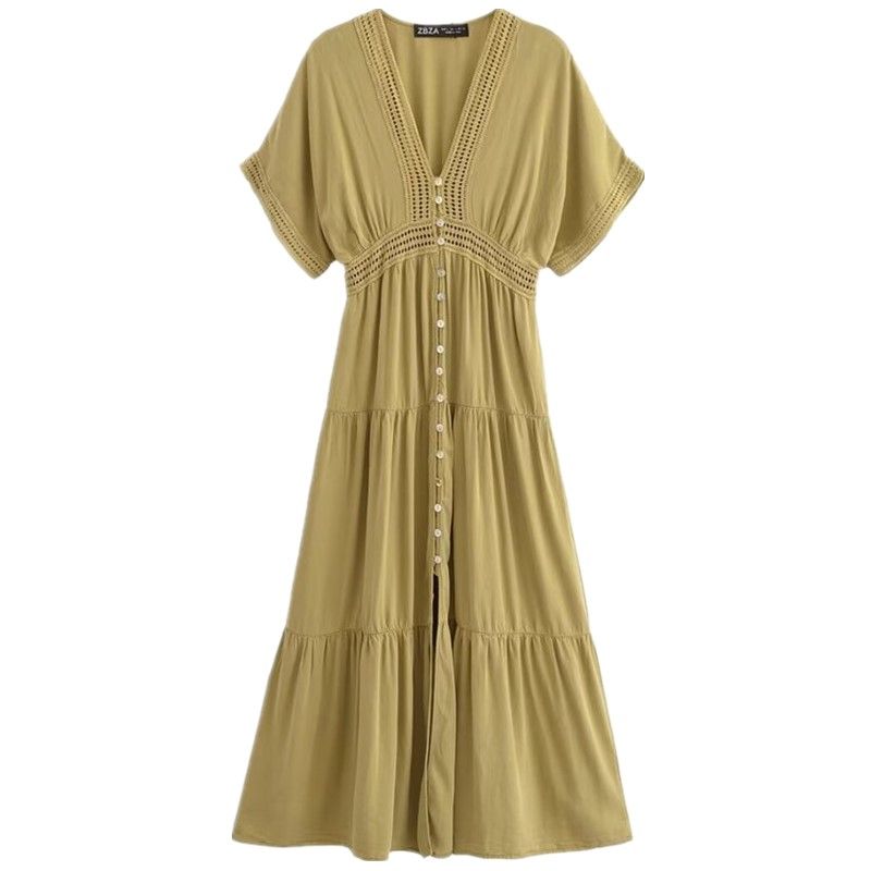 

Fashion Style 2024 New Fall Women s Clothing V-neck Lace Trim Girdle Mid Length Long Length Dress 3337675 Figure Color L