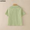 VONDA Summer Women Lapel Neck Short Sleeve Plaid Cute Casual Blouse Tops
