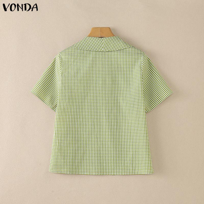 VONDA Summer Women Lapel Neck Short Sleeve Plaid Cute Casual Blouse Tops