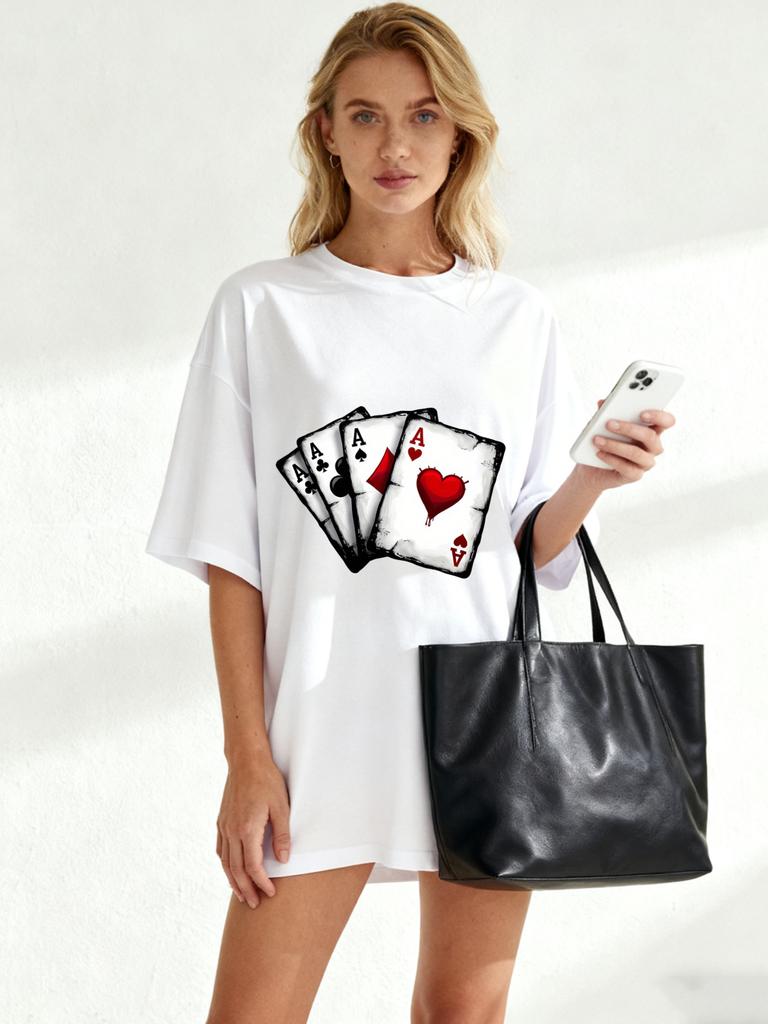 Oversized T Shirt Black Four Aces Playing Cards Print Casual Streetwear Fashion Top For Women Summer Outfit