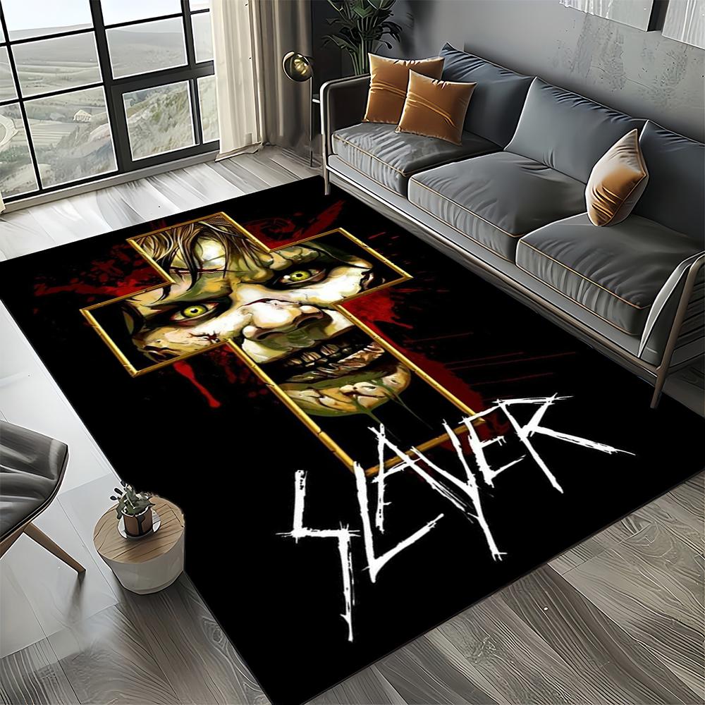 Tapete de Chão 3D Retro Band Slayer Heavy Metal Rock Sinal para Sala de Estar Quarto Casa Decoração de Sofá, Tapete Antiderrapante para Brincar de Criança