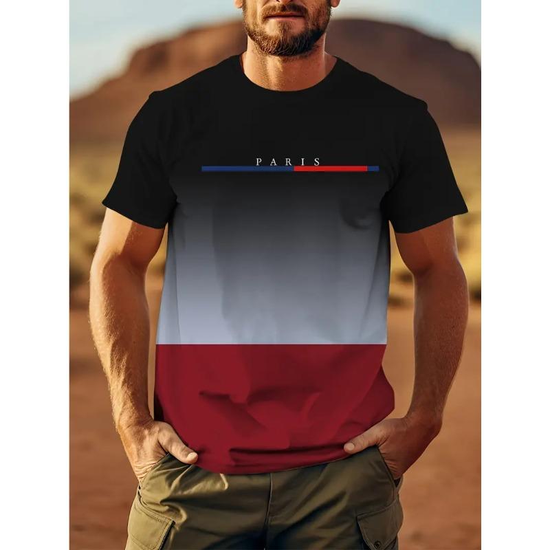 Men's Summer Fashion Leisure Plus Size Color Gradient Printed T-shirt- Soft Medium Stretch Polyester Fabric Summer Mens Relaxed Fit Clothing