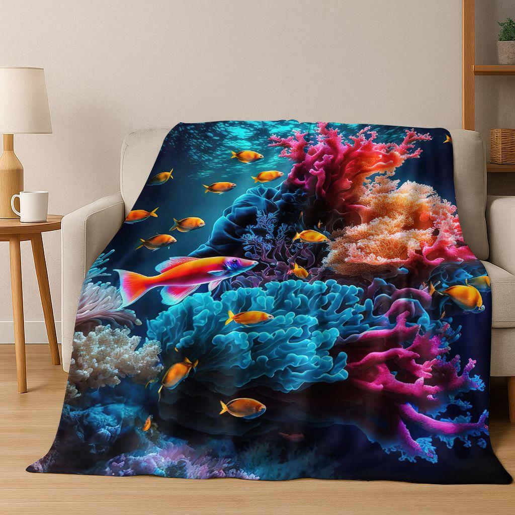 2026 New Underwater World Sea Dolphin Turtle Coral Art Flannel Blanket,Cozy Soft Throw Blanket for Home Bedroom Bed Sofa Kids