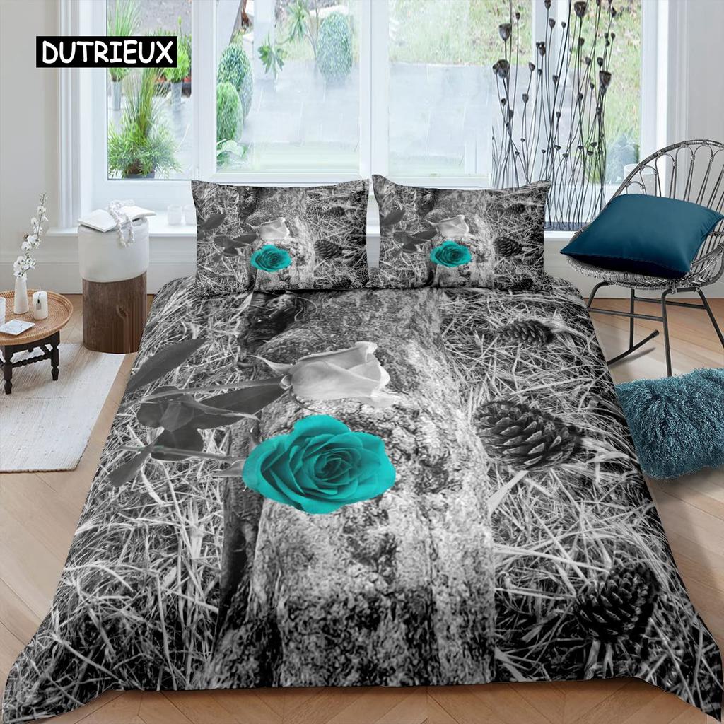 Rose Duvet Cover Set Women Chic Purple Floral Print Bedding Set Romantic Flowers Glitter King Size Comforter Cover for Couples