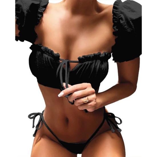 2Pcs/Set Women Bikini Ruffles Edge Bandage Color Wireless Two-piece Pure Swimwear for Vacation