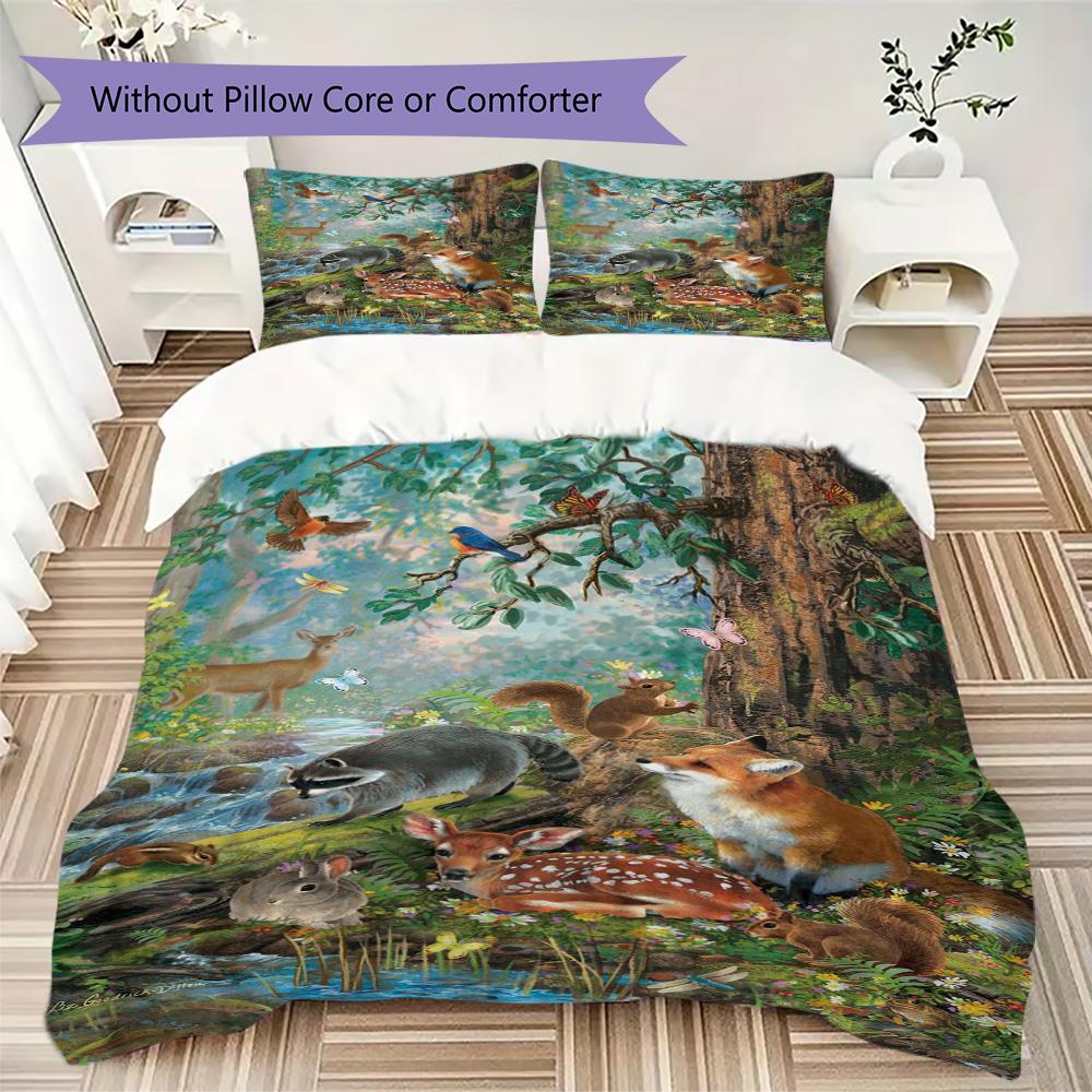 Magical Forest Wildlife Pattern Bedding,Quilt Set Quilt Cover Pillowcase Home Birthday Gift (1*duvet Cover+2*pillowcase,without core)ZSJT0917324