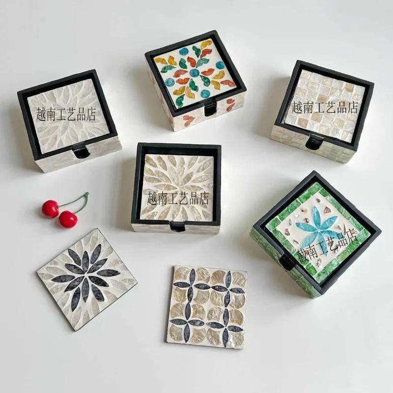 1pc Southeast Asian Hand-Painted Shell Coaster, Luxury Tea Cup Mat, Creative Desktop Decor & Tabletop Display