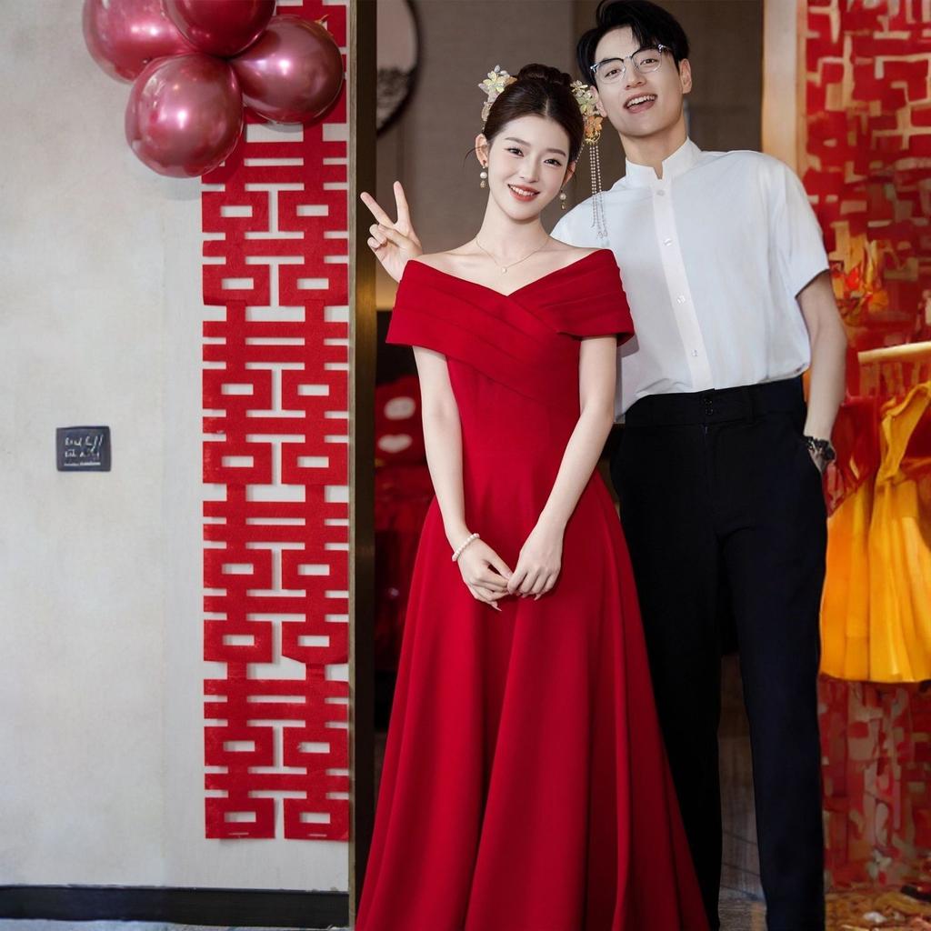 Long Toast Bride Autumn French High-end Sense Small High-end Evening Dress Engagement Red Dress Women