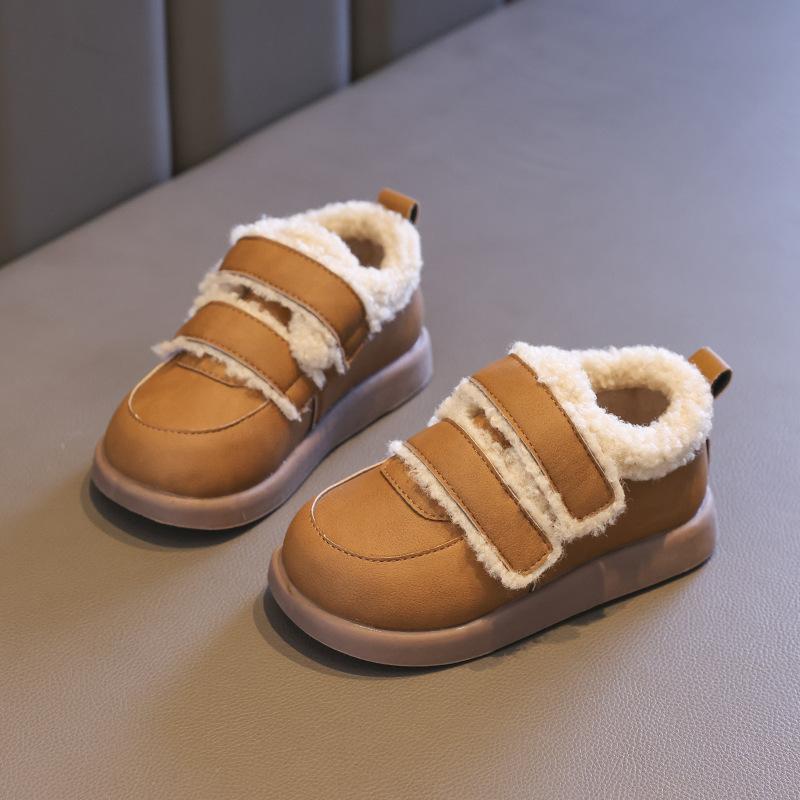 Children Cotton Shoes Solid Color Thick Soled Kids Causal Shoes Fashion 2024 Winter Warmth PU Leather Girl Plush Shoes Hook Loop