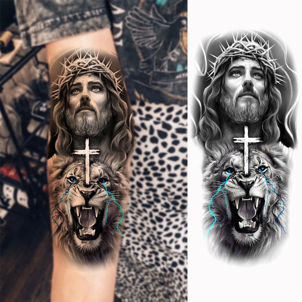 1 Foglio Tatuaggi Temporanei Trendy Tigre Leone Guerriero Gesù Per Uomini Donne Adulti Lunga Durata Impermeabili Temp Adesivi Tatuaggio Falso