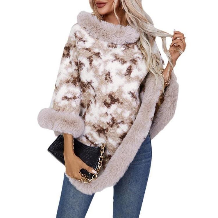 

Luxury Women Winter Warm Faux Fur Trim Poncho Shawl Wrap Cape Casual Sleeveless Cloak Coat Knitted Pullover Fashion One Size абрикосовый