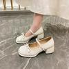 French Bow Square Head Single Shoes Women's Middle Heel Spring 2025 New Versatile Small Fragrant Thick Heel Mary Jane Shoes