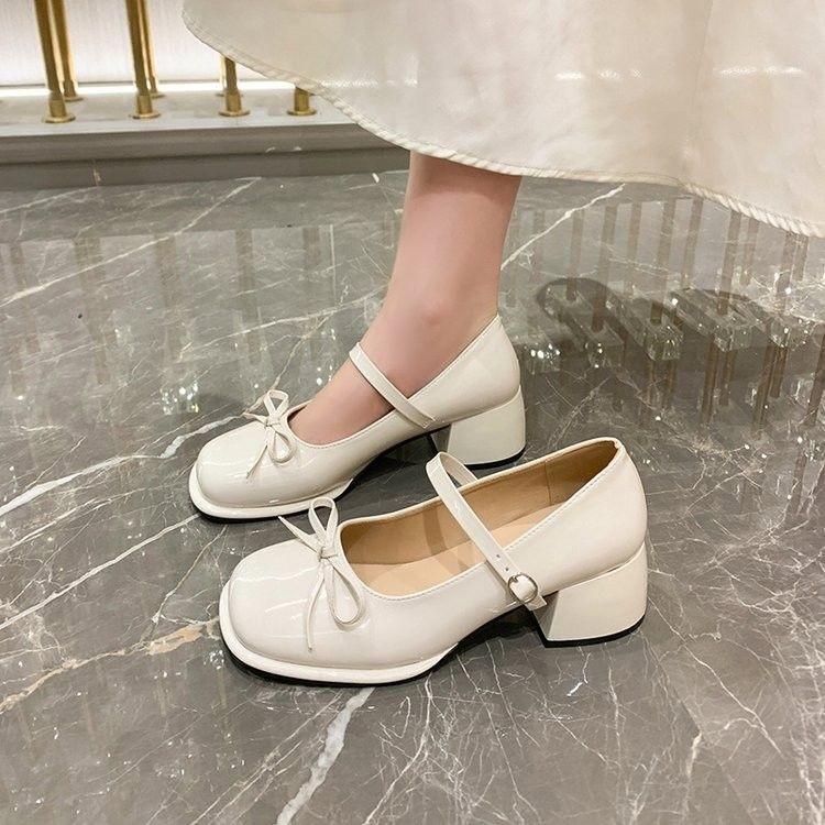 French Bow Square Head Single Shoes Women's Middle Heel Spring 2025 New Versatile Small Fragrant Thick Heel Mary Jane Shoes