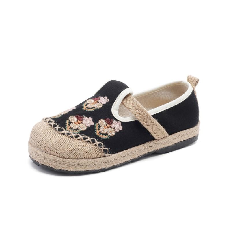 Johnature Pantofi din Pânză Brodați în Stil Etnic, Handmade, din Bumbac și In, cu Talpă Moale, Respirabili, Pantofi Plați de Damă