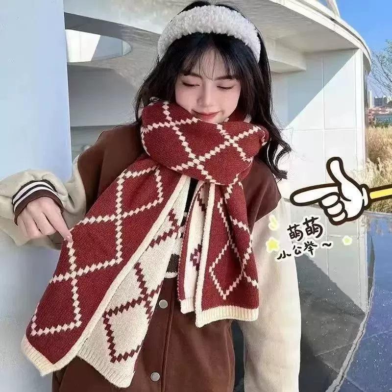 Winter retro double-sided wool scarf, thickened scarf, warm and versatile new rhombus plaid scarf for women