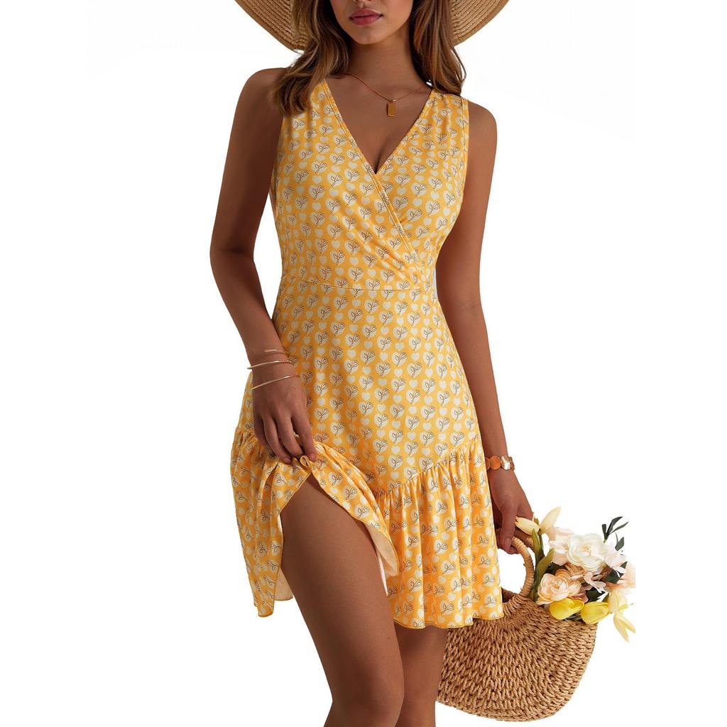 Women Casual Sleeveless Summer Dresses  Spring V Neck Patchwork Boho Floral  Cocktail Party  Dress