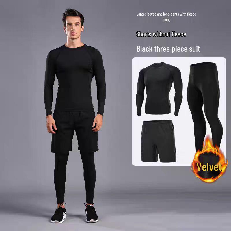Men's Quick-Dry High Elastic Velvet Warm Sports Set - Long Sleeve Fitness & Training Gear for Basketball & Football.