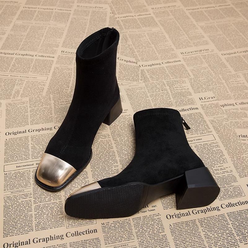 

Light luxury square head high heel thin boots women s autumn and winter new thick heel temperament bare boots advanced sense small short 39