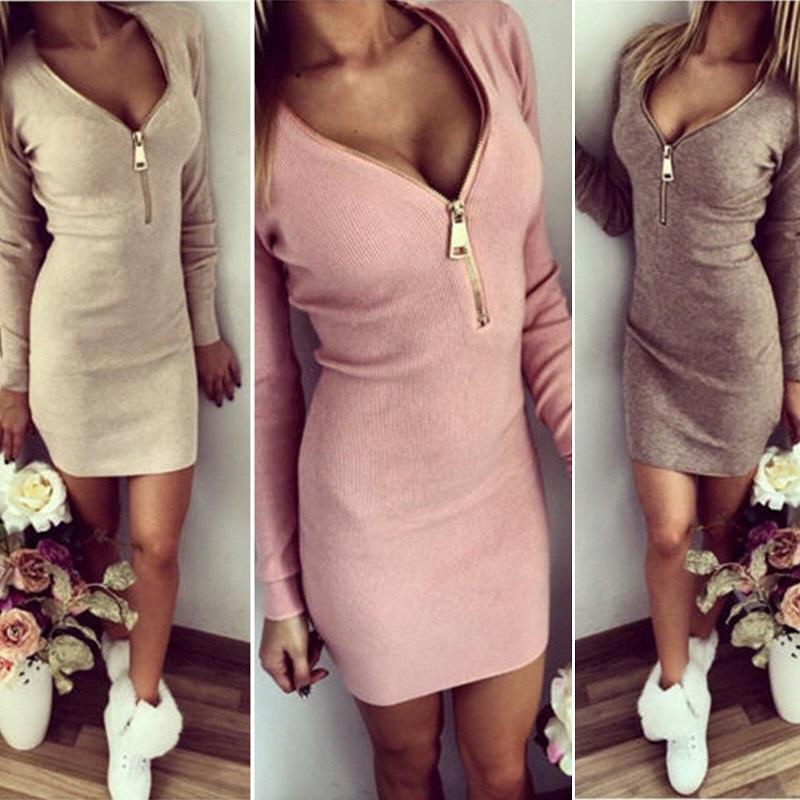 Women Zip Up V Neck Long Sleeve Knitted Bodycon Party Evening Mini Tops Dress