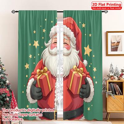 2pcs 2D Flat Printing Merry Christmas Party Curtains Black Santa Gifts Christmas Holiday Polyester Fabric Without Electricity
