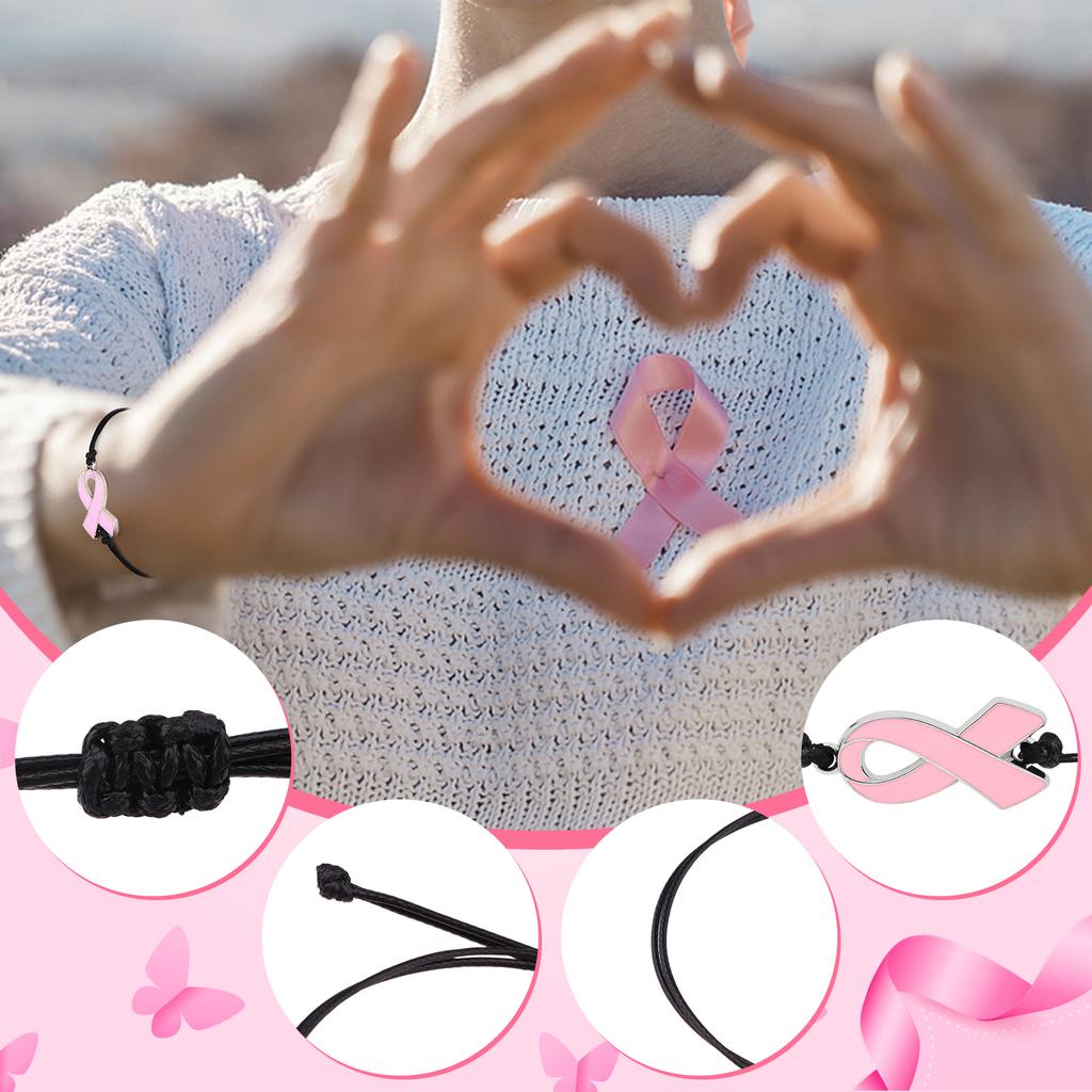 24 Pcs Breast Cancer Awareness Bracelets For Women, Pink Ribbon Bracelets, Adjustable Cord And Braided Ribbon, Chest Accessories