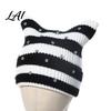 Contrast Color Striped Hat Cat Ear for Women Girls Slouchy Crochet Headgear Fashionable Streetwear Headwear with Shiny Rhinestones Cute Winter Warm