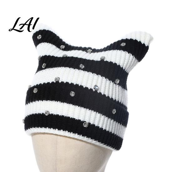 Contrast Color Striped Hat Cat Ear for Women Girls Slouchy Crochet Headgear Fashionable Streetwear Headwear with Shiny Rhinestones Cute Winter Warm
