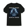 Europeisk storlek Human by Chance, Alpha By Choice" Rolig Vargman Absurd Tryck T-shirt för Män - Amerikansk Humor Grafisk Svart T-shirt med Retro Stil