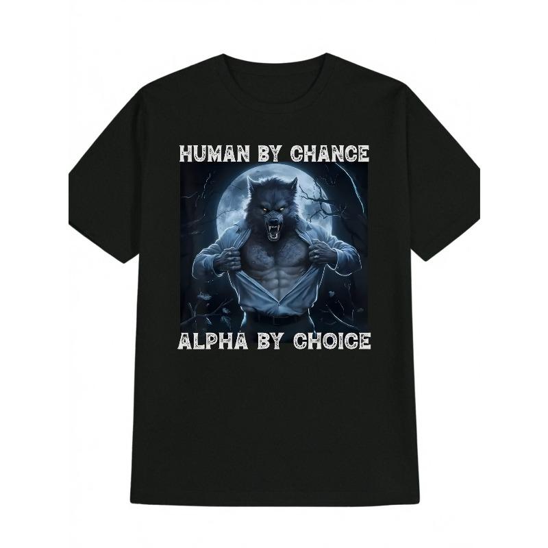 

European size Human by Chance, Alpha By Choice Funny Werewolf Absurd Print T-Shirt for Men - American Humor Graphic Black Tee with Retro Style S чорний