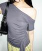 CHICKS Drape Strap One-Shoulder Short Sleeve Charcoal