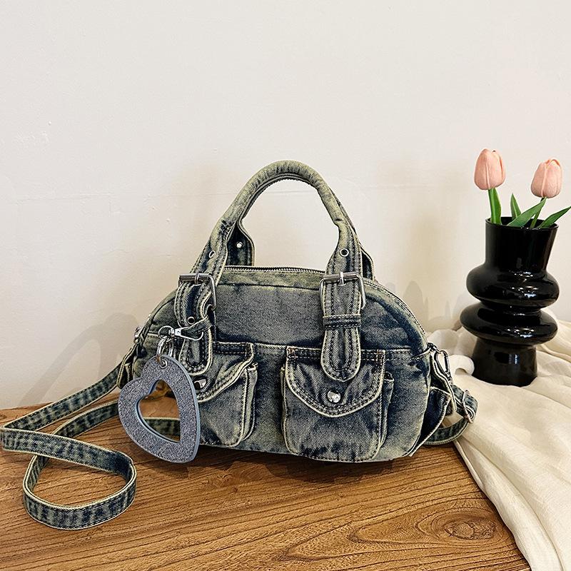 Retro Old Denim Bag Women's New Trend Versatile Portable Bowling Bag Casual Shoulder Messenger Bag Women
