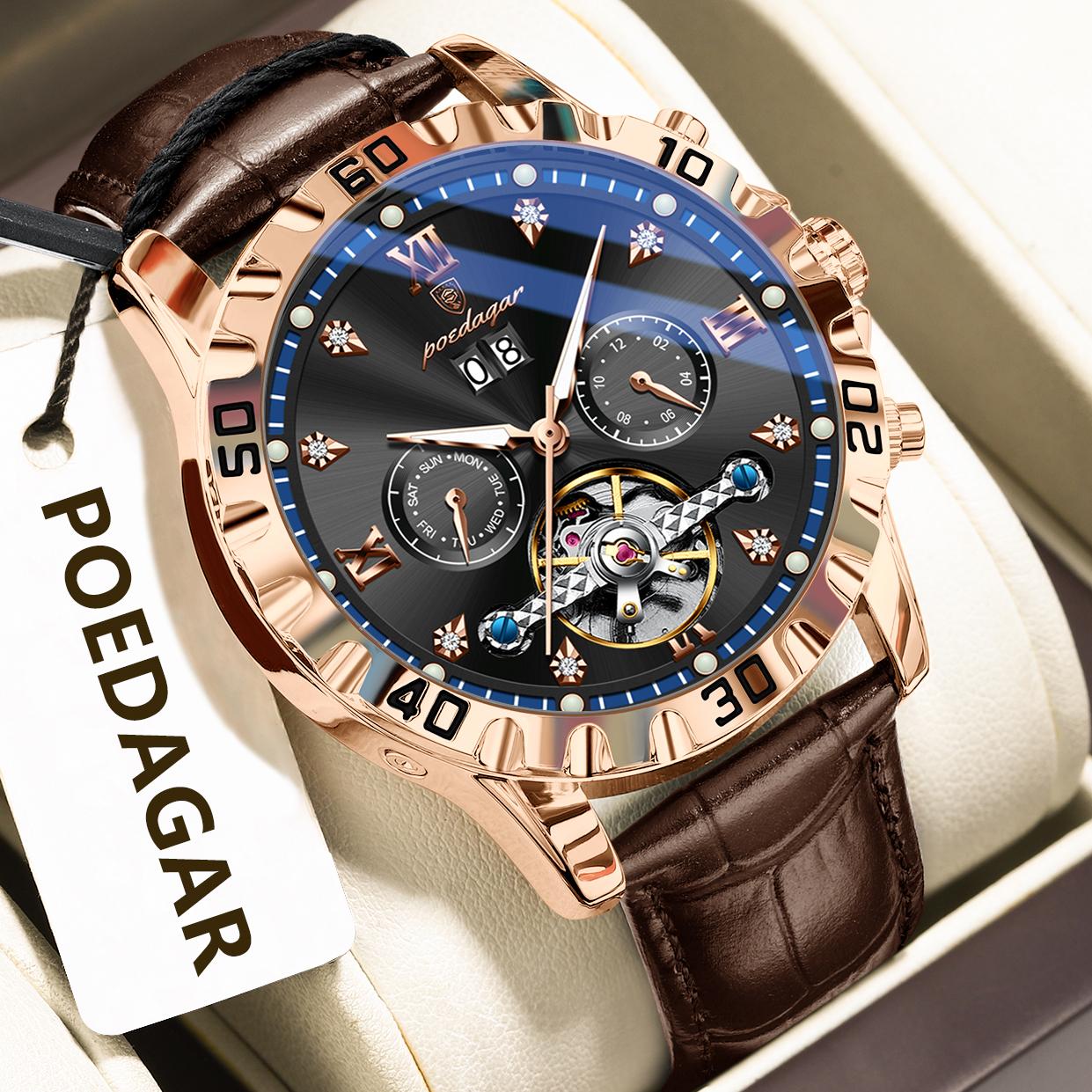 

POEDAGAR Fashion Men Wristwatch Luxury Hollow Tourbillon Luminous Date Week Man Clock Automatic Mechanical Leather Watches рожевий колір золота/синій