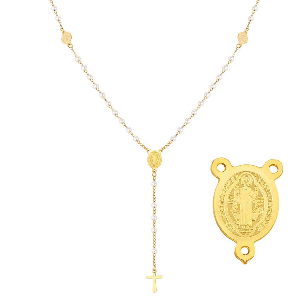 Women's Stainless Steel Rosary Virgin Cross Drop Necklace, Bead Chain Prayer Y-shaped Necklaces, Exquisite Religious Jewelry