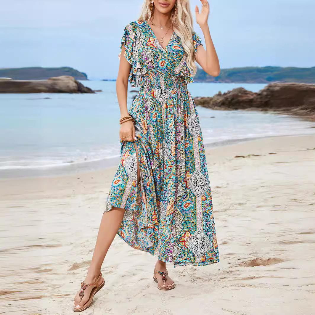 

Летнее женское платье с v-образным вырезом и открытой спиной, с принтом и рюшами, с короткими рукавами, богемные праздничные платья с разрезом XL разноцветный