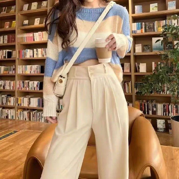 Versatile Gray High-Waist Loose Wide-Leg Suit Pants