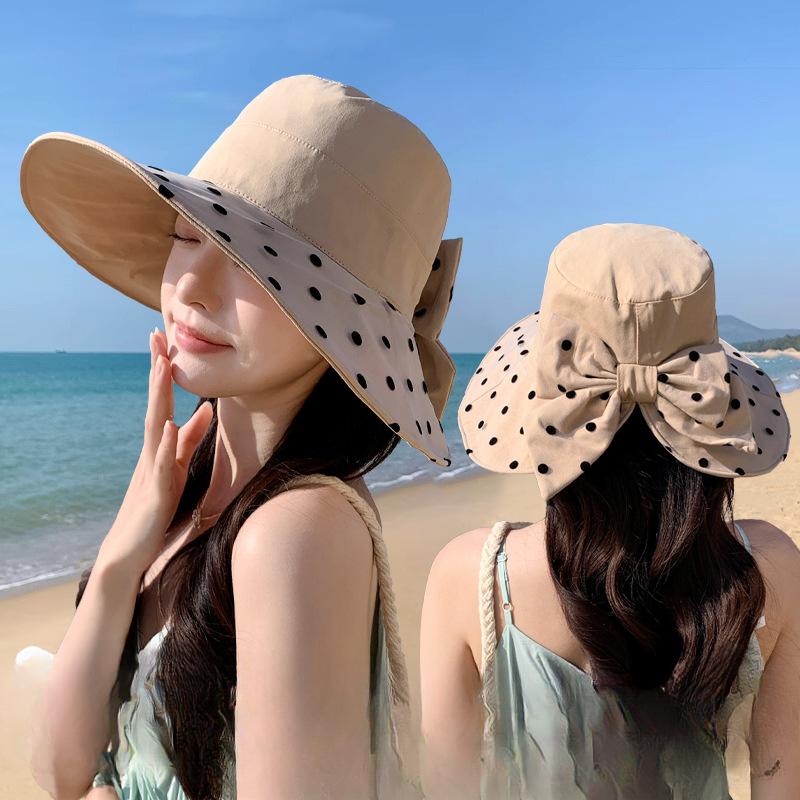 Women's Spring and Summer Elegant and Versatile Large Brimmed Sun Hat Korean Version Polka Dot Bow Fisherman Hat Foldable Outing Basin Hat