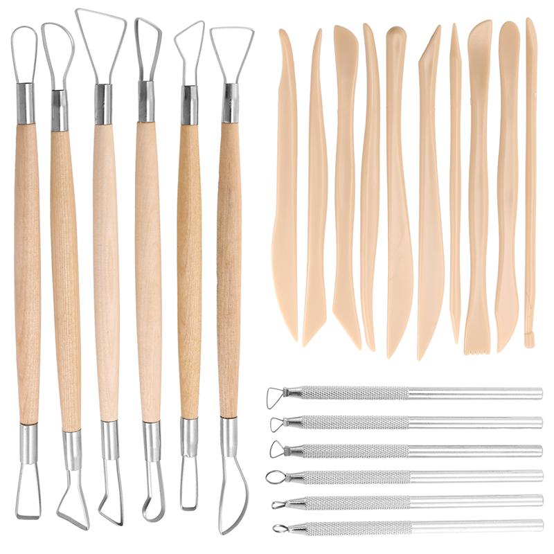 Good-Pottery Clay Sculpting Tools, 22Pcs Wooden Handle Pottery Carving Tools & Metal Scraper & Plastic Clay Shaping Tools