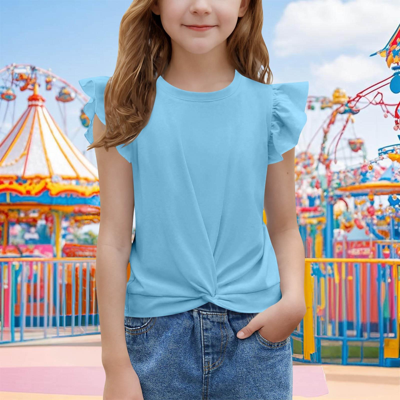 

A Solid-color Casual Round-neck Short-sleeved Top For Children With Flying Sleeves And Ruffled Edges In Summer 140