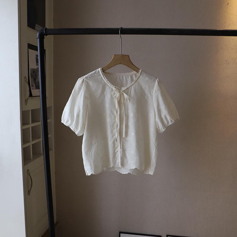 Korean Lace Jacquard Tie-Up Bubble Sleeve Women's Shirt - Summer 2025 Collection