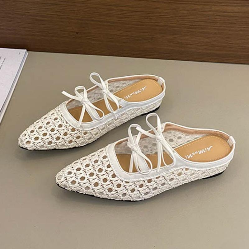 Fashion 2025 Pointed Toe Women Slippers Mid Heels Shoes Fashion Weave Bow Sandals Designer Retro Pumps New Trends Dress Zapatillas Mujer